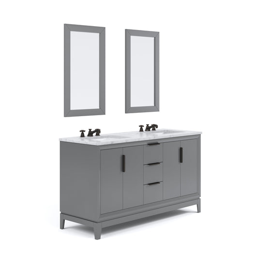 Water Creation EL60CW03CG-R21BX0903 ELIZABETH 60"W x 34.25"H Cashmere Gray Double-Sink Vanity with Carrara White Marble Countertop + Faucets & Mirror (F2-0009-03-BX)