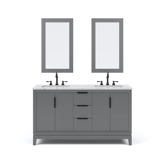 Water Creation EL60CW03CG-R21TL1203 ELIZABETH 60"W x 34.25"H Cashmere Gray Double-Sink Vanity with Carrara White Marble Countertop + Faucets & Mirror (F2-0012-03-TL)