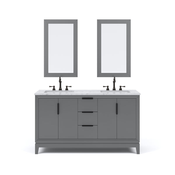 Water Creation EL60CW03CG-R21TL1203 ELIZABETH 60W x 34.25H Cashmere Gray Double-Sink Vanity with Carrara White Marble Countertop + Faucets & Mirror (F2-0012-03-TL)