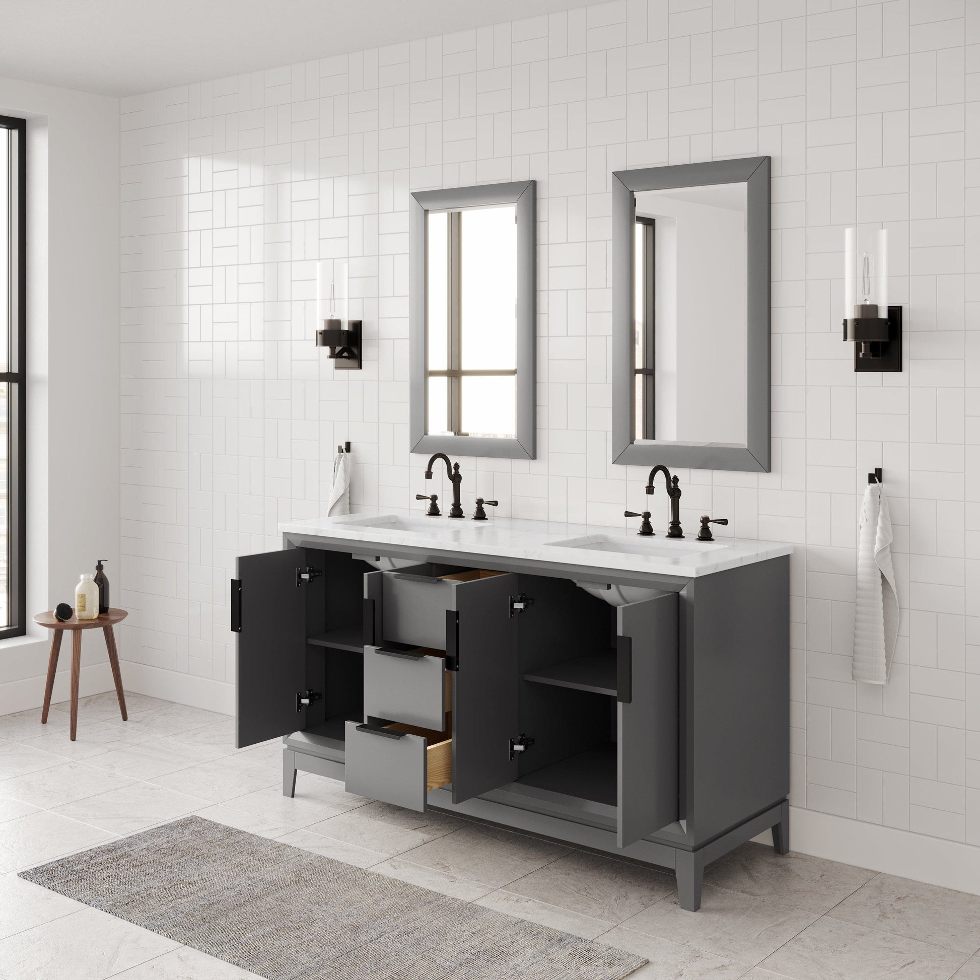 Water Creation EL60CW03CG-R21TL1203 ELIZABETH 60"W x 34.25"H Cashmere Gray Double-Sink Vanity with Carrara White Marble Countertop + Faucets & Mirror (F2-0012-03-TL)