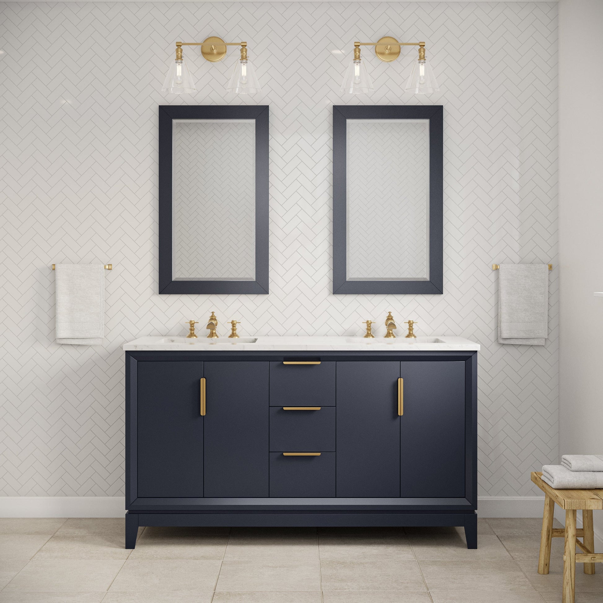 Water Creation EL60CW06MB-000FX1306 ELIZABETH 60"W x 34.25"H Monarch Blue Double-Sink Vanity with Carrara White Marble Countertop + Faucets (F2-0013-06-FX)