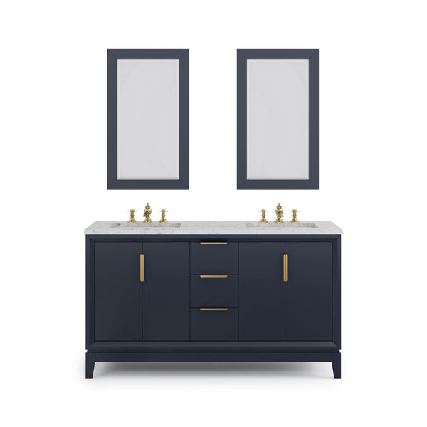 Water Creation EL60CW06MB-R21FX1306 ELIZABETH 60W x 34.25H Monarch Blue Double-Sink Vanity with Carrara White Marble Countertop + Faucets & Mirror (F2-0013-06-FX)