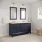 Water Creation EL60CW06MB-R21FX1306 ELIZABETH 60"W x 34.25"H Monarch Blue Double-Sink Vanity with Carrara White Marble Countertop + Faucets & Mirror (F2-0013-06-FX)