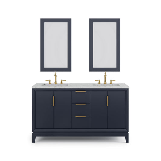 Water Creation EL60CW06MB-R21TL1206 ELIZABETH 60"W x 34.25"H Monarch Blue Double-Sink Vanity with Carrara White Marble Countertop + Faucets & Mirror (F2-0012-06-TL)