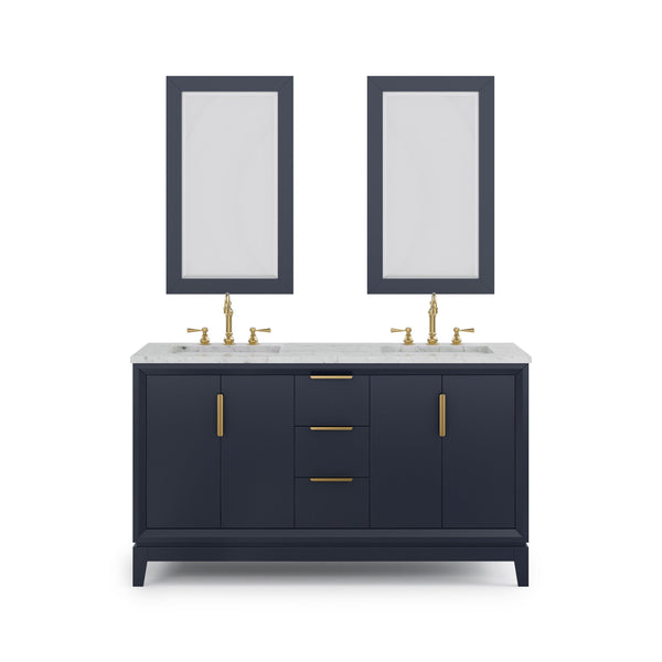 Water Creation EL60CW06MB-R21TL1206 ELIZABETH 60W x 34.25H Monarch Blue Double-Sink Vanity with Carrara White Marble Countertop + Faucets & Mirror (F2-0012-06-TL)