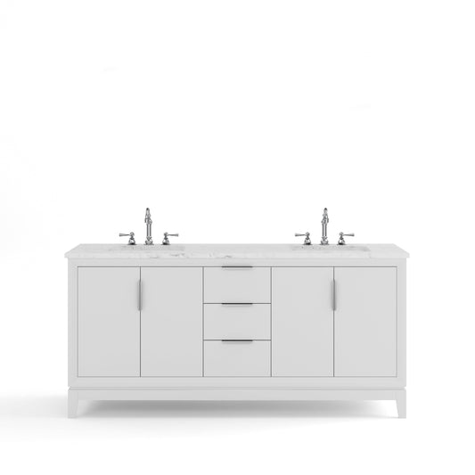 Water Creation EL72CW01PW-000TL1201 ELIZABETH 72"W x 34.25"H Pure White Double-Sink Vanity with Carrara White Marble Countertop + Faucets (F2-0012-01-TL)