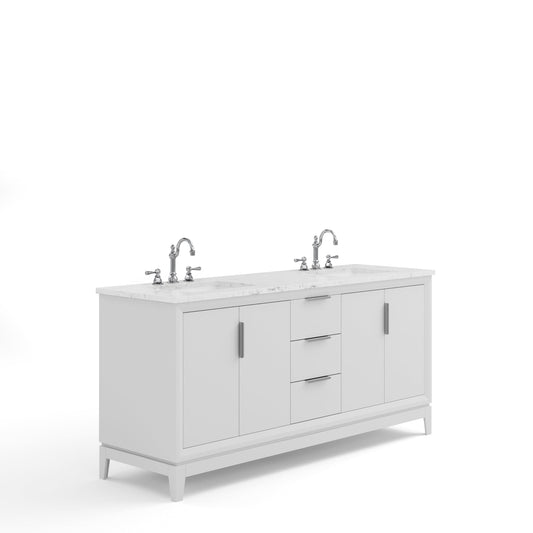 Water Creation EL72CW01PW-000TL1201 ELIZABETH 72"W x 34.25"H Pure White Double-Sink Vanity with Carrara White Marble Countertop + Faucets (F2-0012-01-TL)