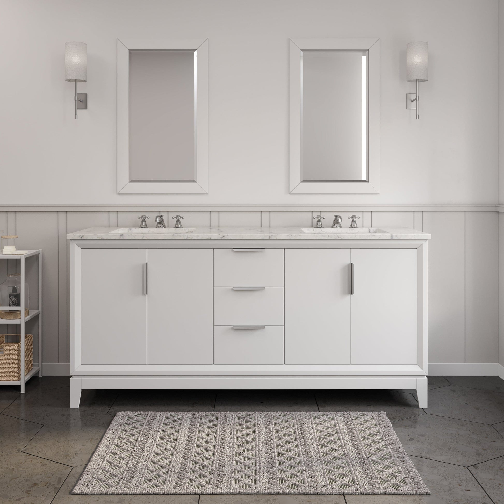 Water Creation EL72CW01PW-R21BX0901 ELIZABETH 72"W x 34.25"H Pure White Double-Sink Vanity with Carrara White Marble Countertop + Faucets & Mirror (F2-0009-01-BX)