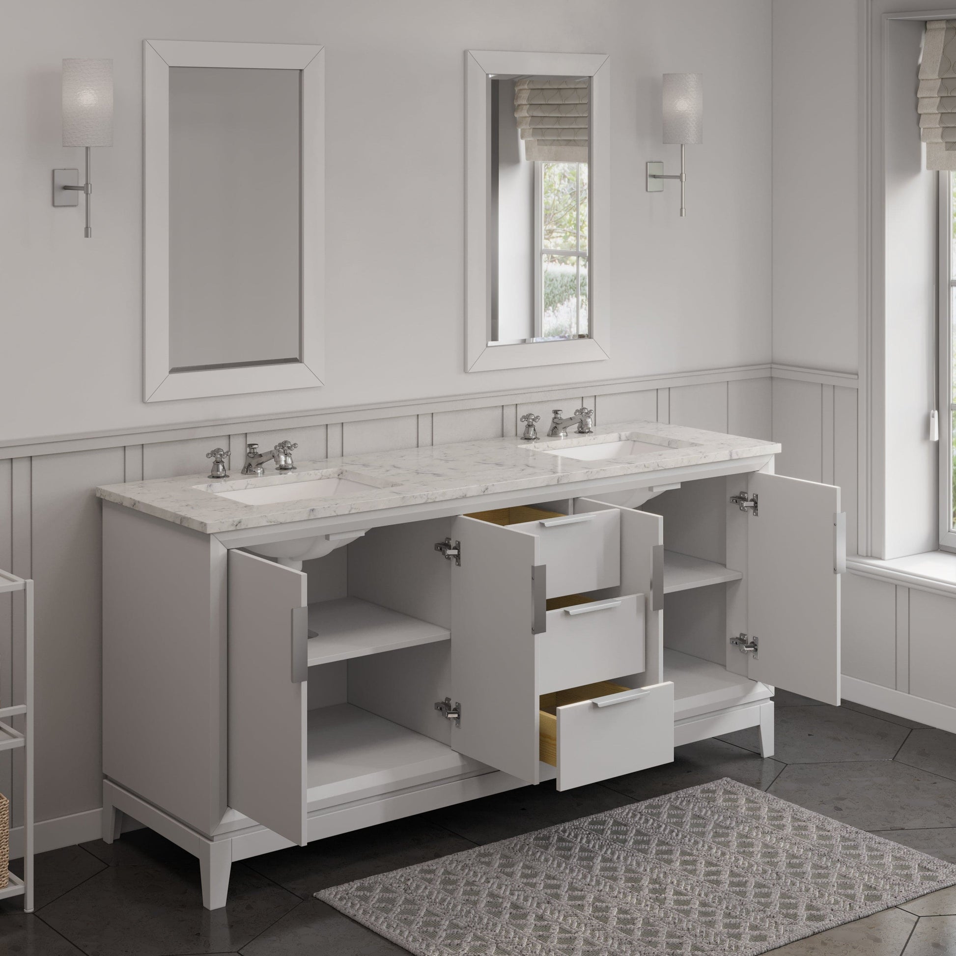 Water Creation EL72CW01PW-R21BX0901 ELIZABETH 72"W x 34.25"H Pure White Double-Sink Vanity with Carrara White Marble Countertop + Faucets & Mirror (F2-0009-01-BX)