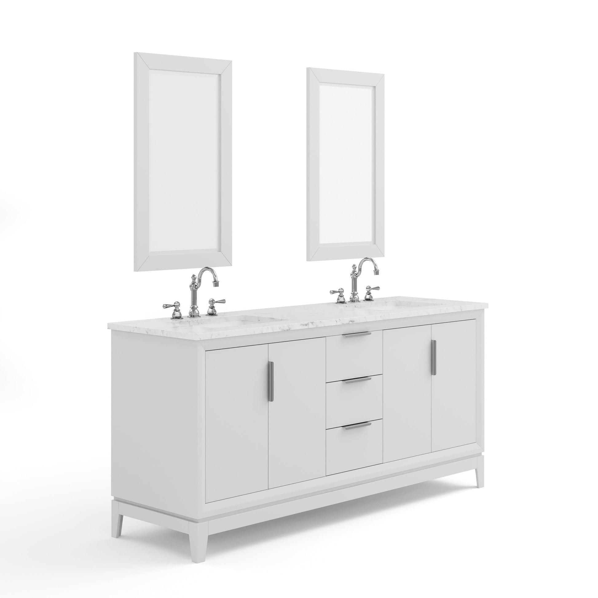 Water Creation EL72CW01PW-R21TL1201 ELIZABETH 72"W x 34.25"H Pure White Double-Sink Vanity with Carrara White Marble Countertop + Faucets & Mirror (F2-0012-01-TL)