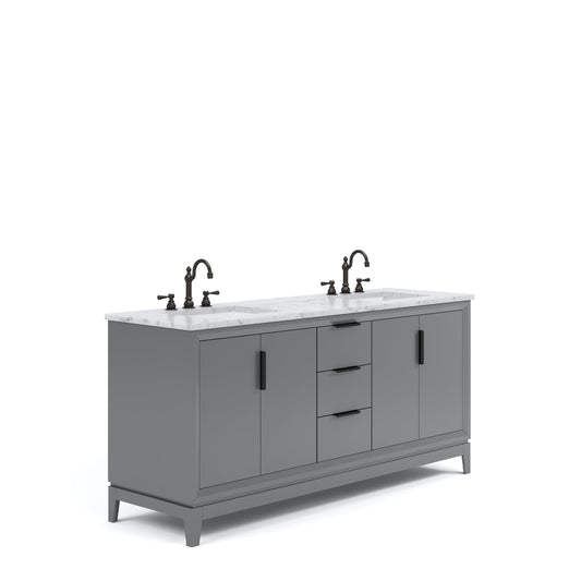 Water Creation EL72CW03CG-000TL1203 ELIZABETH 72"W x 34.25"H Cashmere Gray Double-Sink Vanity with Carrara White Marble Countertop + Faucets (F2-0012-03-TL)