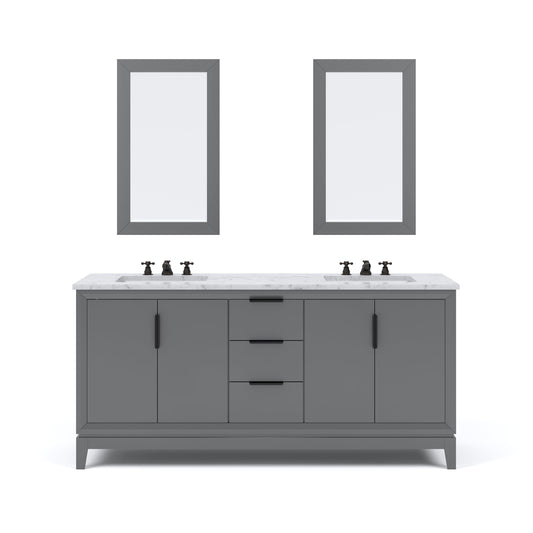 Water Creation EL72CW03CG-R21BX0903 ELIZABETH 72"W x 34.25"H Cashmere Gray Double-Sink Vanity with Carrara White Marble Countertop + Faucets & Mirror (F2-0009-03-BX)