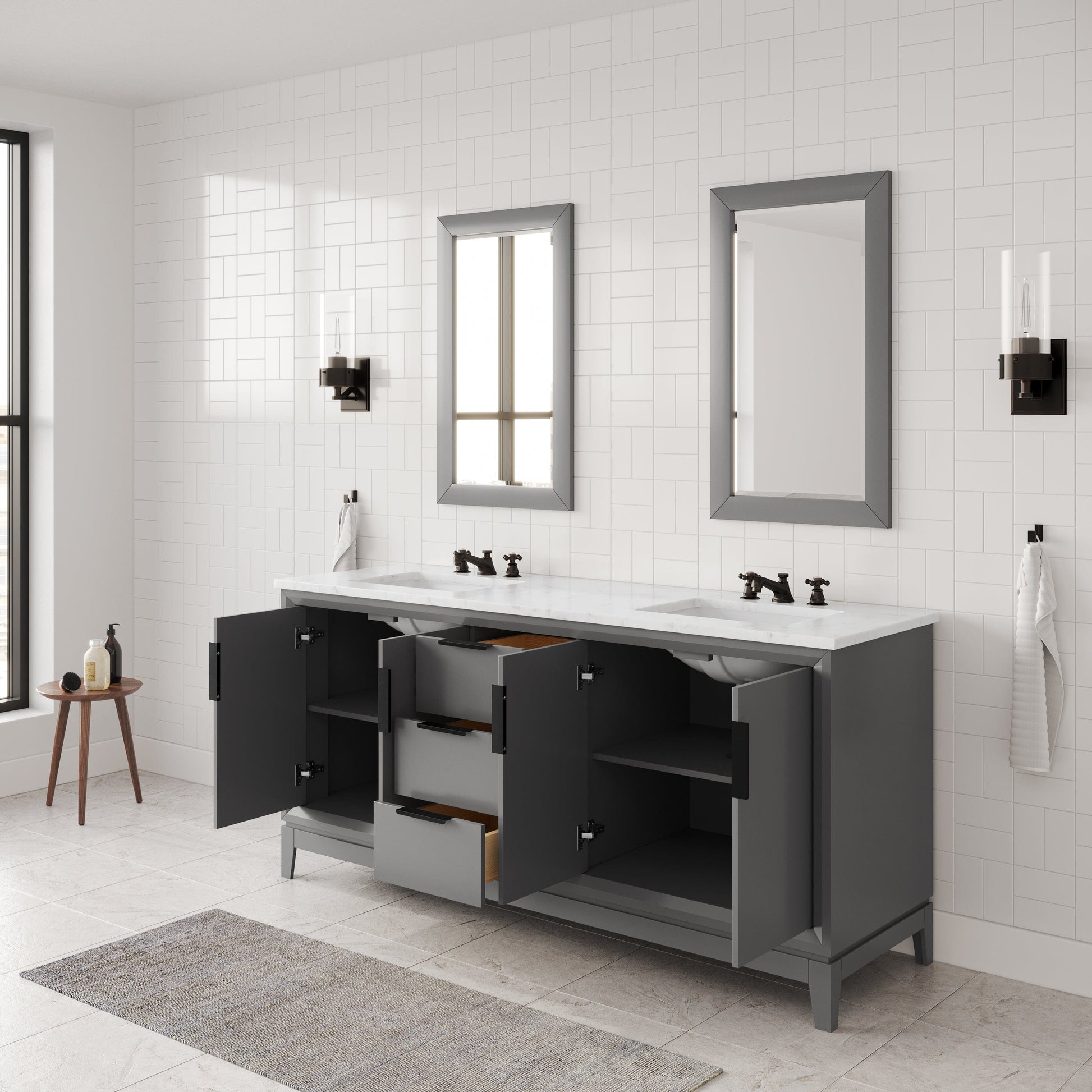 Water Creation EL72CW03CG-R21BX0903 ELIZABETH 72"W x 34.25"H Cashmere Gray Double-Sink Vanity with Carrara White Marble Countertop + Faucets & Mirror (F2-0009-03-BX)