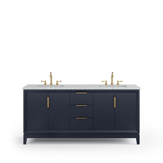 Water Creation EL72CW06MB-000TL1206 ELIZABETH 72"W x 34.25"H Monarch Blue Double-Sink Vanity with Carrara White Marble Countertop + Faucets (F2-0012-06-TL)