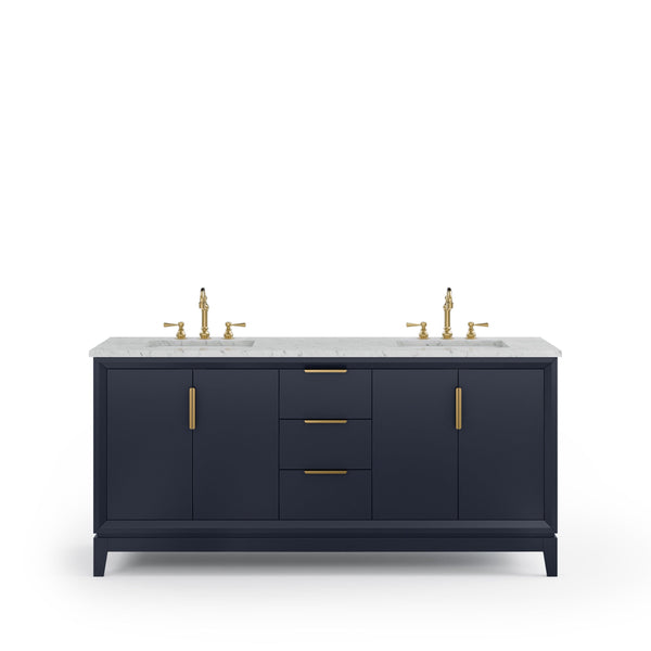 Water Creation EL72CW06MB-000TL1206 ELIZABETH 72W x 34.25H Monarch Blue Double-Sink Vanity with Carrara White Marble Countertop + Faucets (F2-0012-06-TL)