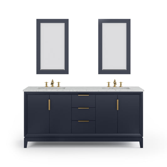 Water Creation EL72CW06MB-R21FX1306 ELIZABETH 72"W x 34.25"H Monarch Blue Double-Sink Vanity with Carrara White Marble Countertop + Faucets & Mirror (F2-0013-06-FX)