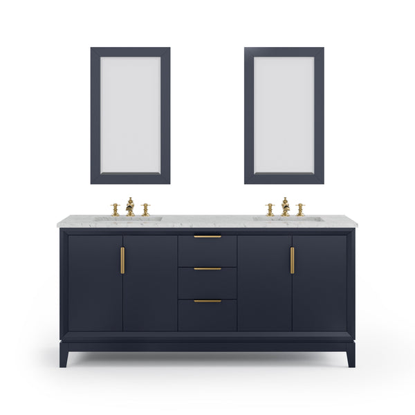 Water Creation EL72CW06MB-R21FX1306 ELIZABETH 72W x 34.25H Monarch Blue Double-Sink Vanity with Carrara White Marble Countertop + Faucets & Mirror (F2-0013-06-FX)