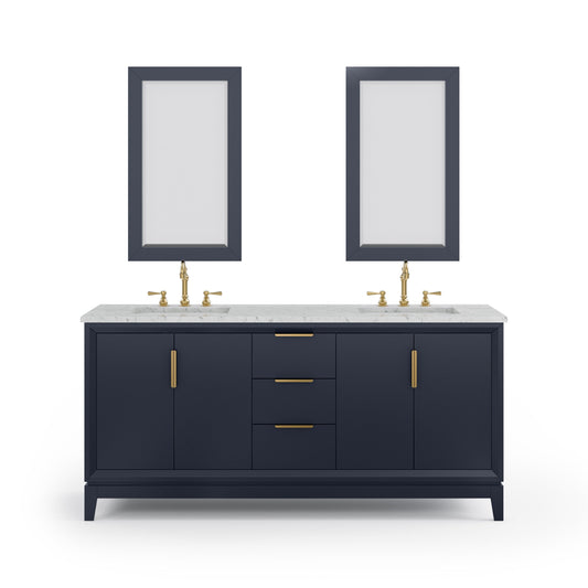 Water Creation EL72CW06MB-R21TL1206 ELIZABETH 72"W x 34.25"H Monarch Blue Double-Sink Vanity with Carrara White Marble Countertop + Faucets & Mirror (F2-0012-06-TL)