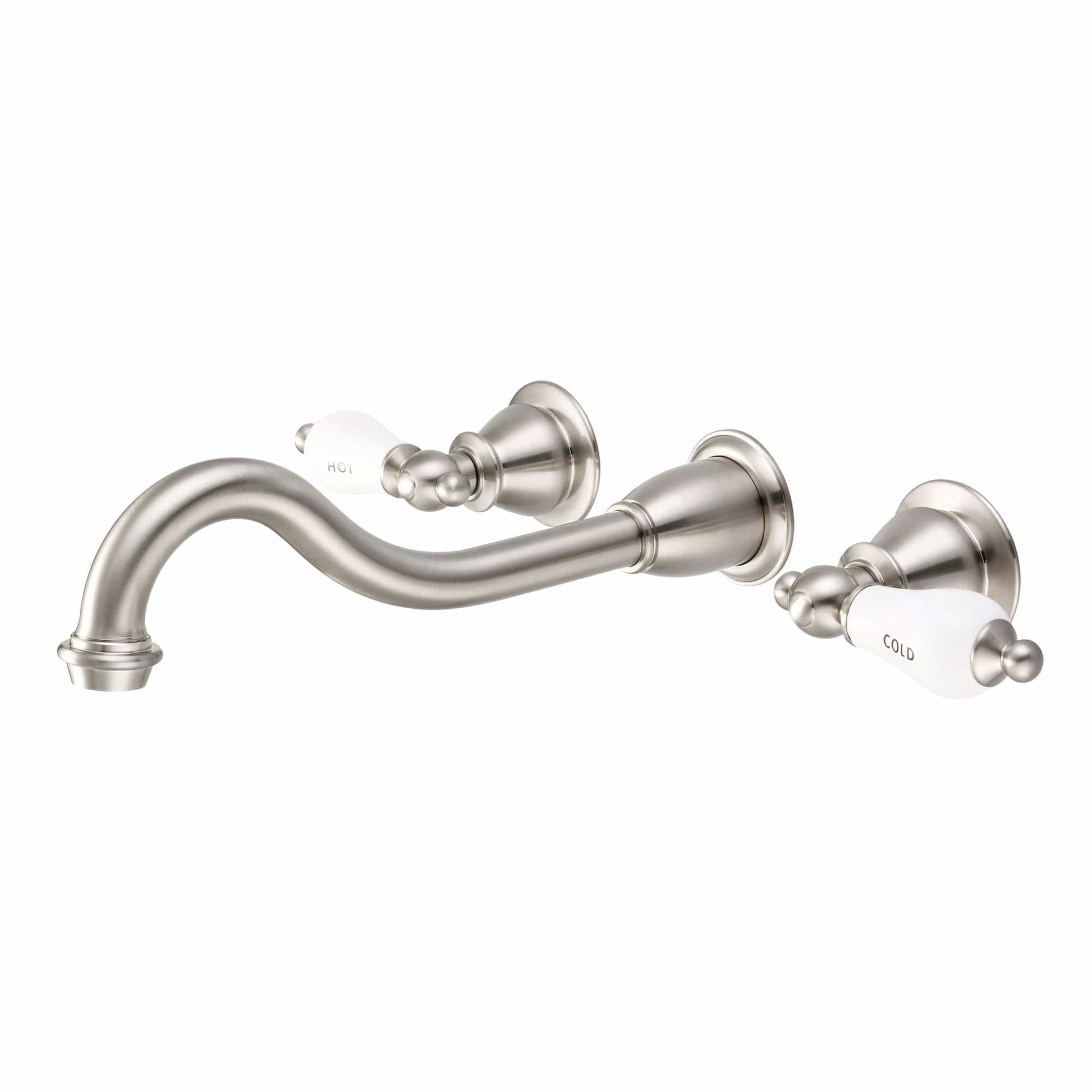 Water Creation F4-0001-02-CL Elegant Spout Wall Mount Vessel Bathroom Faucets in Brushed Nickel Finish, With Porcelain Lever Handles, Hot And Cold Labels Included