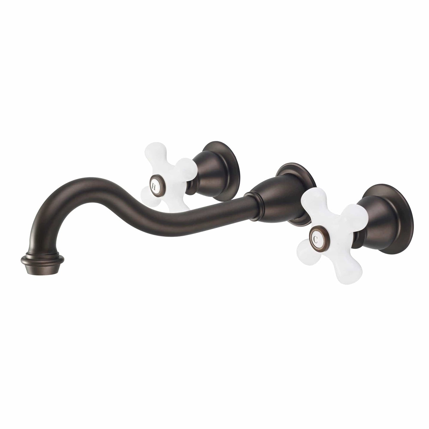 Water Creation F4-0001-03-PX Elegant Spout Wall Mount Vessel Bathroom Faucets in Oil Rubbed Bronze Finish, With Porcelain Cross Handles, Hot And Cold Labels Included