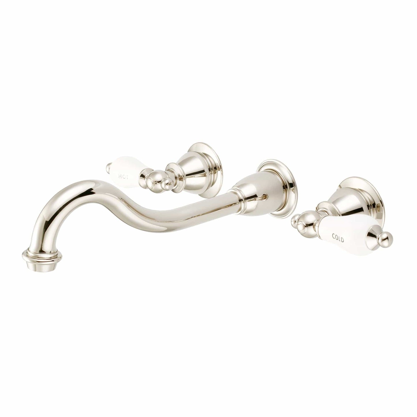 Water Creation F4-0001-05-CL Elegant Spout Wall Mount Vessel Bathroom Faucets in Polished Nickel Finish, With Porcelain Lever Handles, Hot And Cold Labels Included