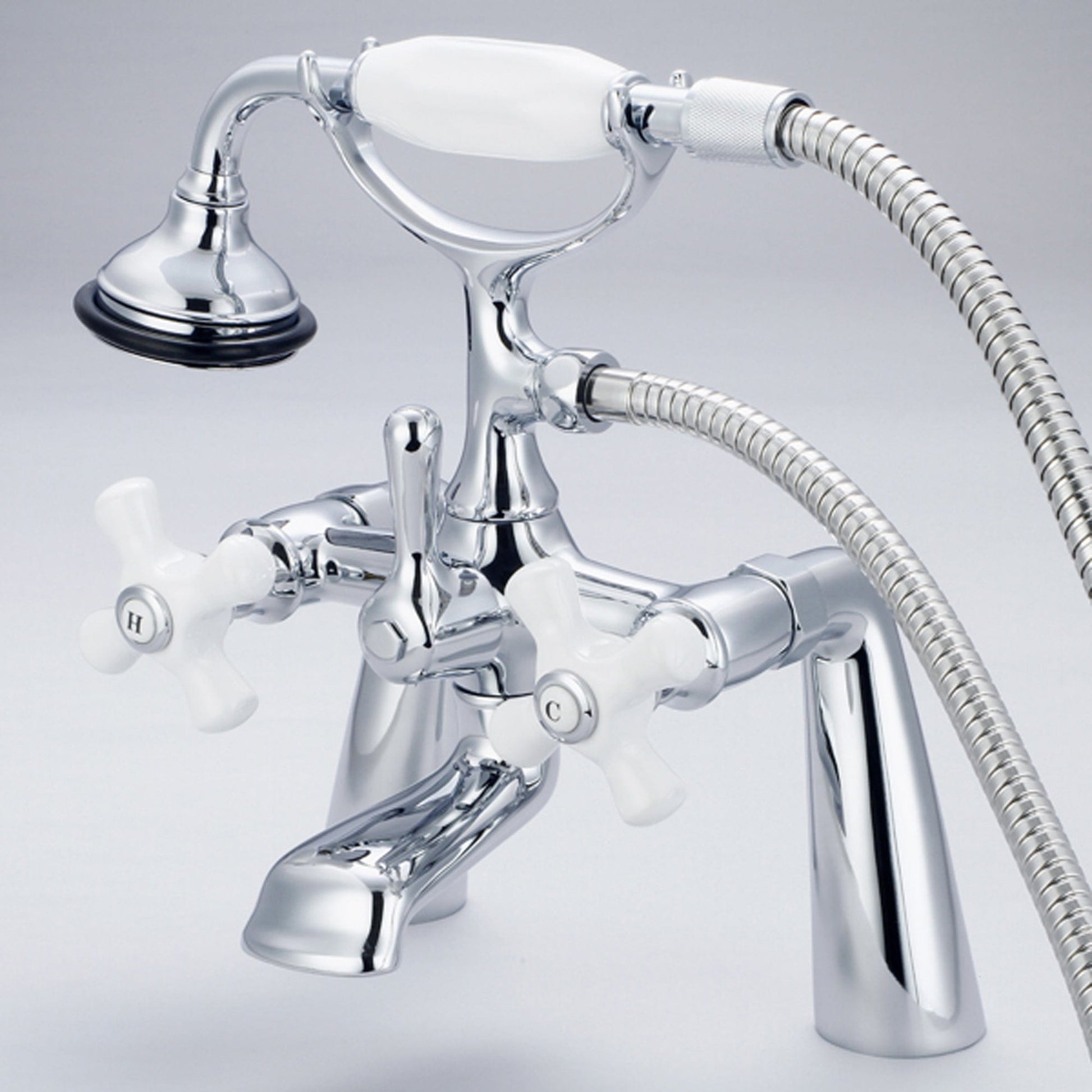 Water Creation F6-0003-01-PX Vintage Classic 7" Spread Deck Mount Tub Faucet With Handheld Shower in Chrome Finish, With Porcelain Cross Handles, Hot And Cold Labels Included