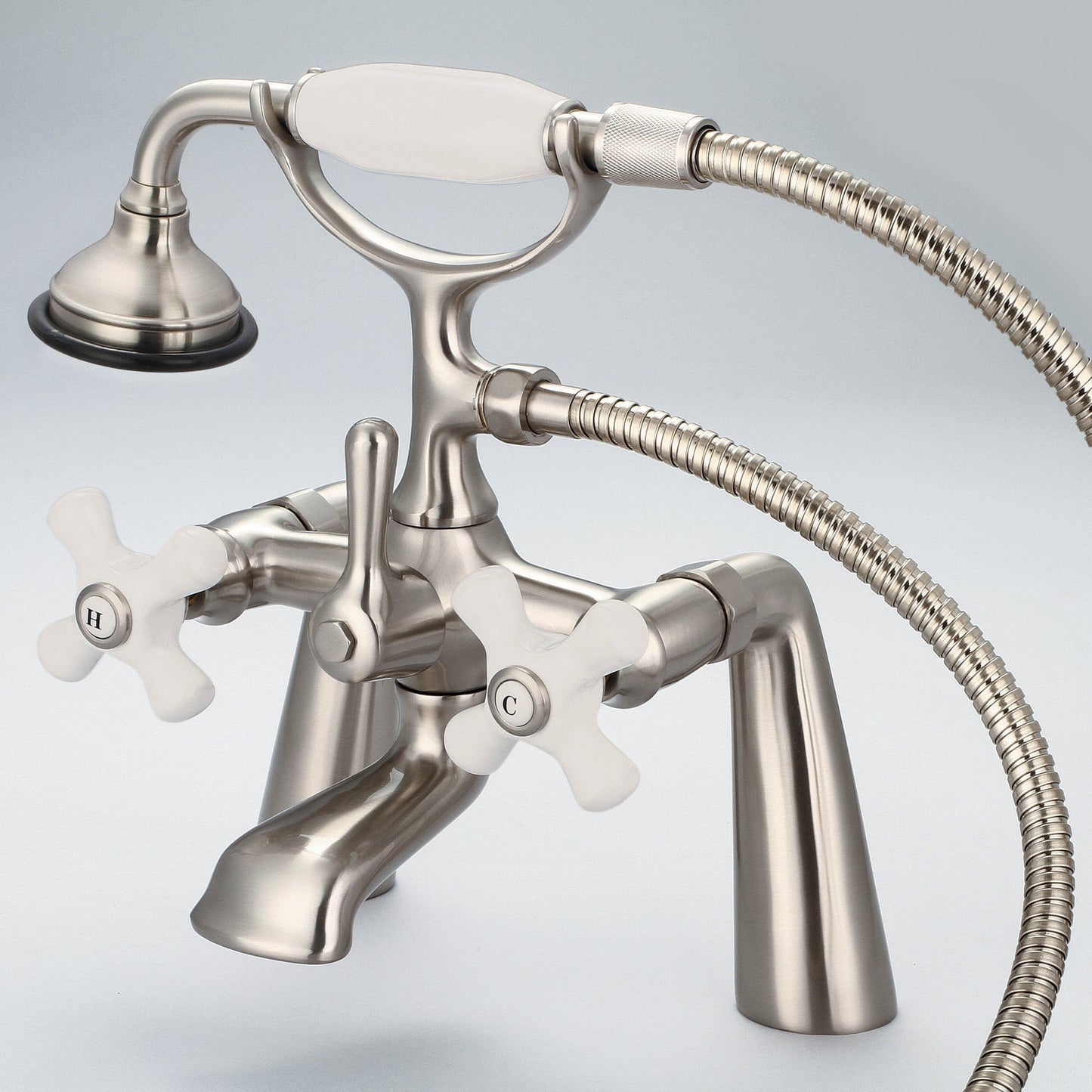 Water Creation F6-0003-02-PX Vintage Classic 7" Spread Deck Mount Tub Faucet With Handheld Shower in Brushed Nickel Finish, With Porcelain Cross Handles, Hot And Cold Labels Included