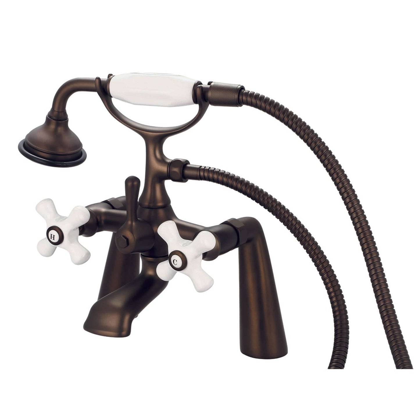 Water Creation F6-0003-03-PX Vintage Classic 7" Spread Deck Mount Tub Faucet With Handheld Shower in Oil Rubbed Bronze Finish, With Porcelain Cross Handles, Hot And Cold Labels Included