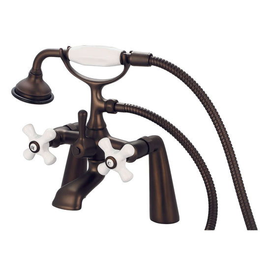 Water Creation F6-0003-03-PX Vintage Classic 7" Spread Deck Mount Tub Faucet With Handheld Shower in Oil Rubbed Bronze Finish, With Porcelain Cross Handles, Hot And Cold Labels Included