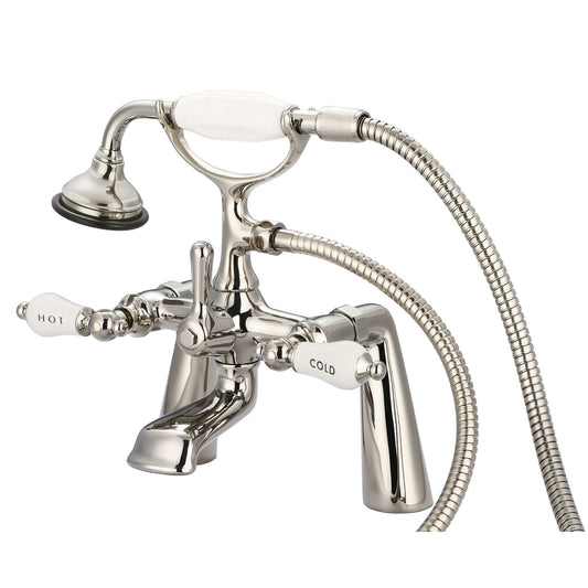 Water Creation F6-0003-05-CL Vintage Classic 7" Spread Deck Mount Tub Faucet With Handheld Shower in Polished Nickel Finish, With Porcelain Lever Handles, Hot And Cold Labels Included