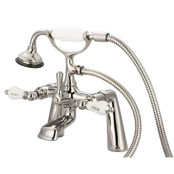 Water Creation F6-0003-05-CL Vintage Classic 7 Spread Deck Mount Tub Faucet With Handheld Shower in Polished Nickel Finish, With Porcelain Lever Handles, Hot And Cold Labels Included