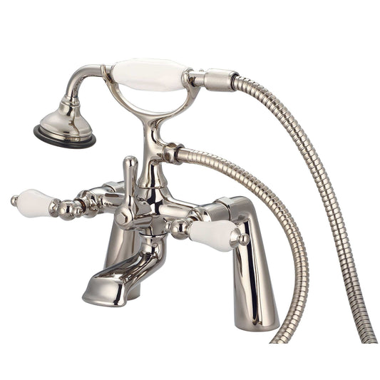 Water Creation F6-0003-05-PL Vintage Classic 7" Spread Deck Mount Tub Faucet With Handheld Shower in Polished Nickel Finish, With Porcelain Lever Handles Without labels