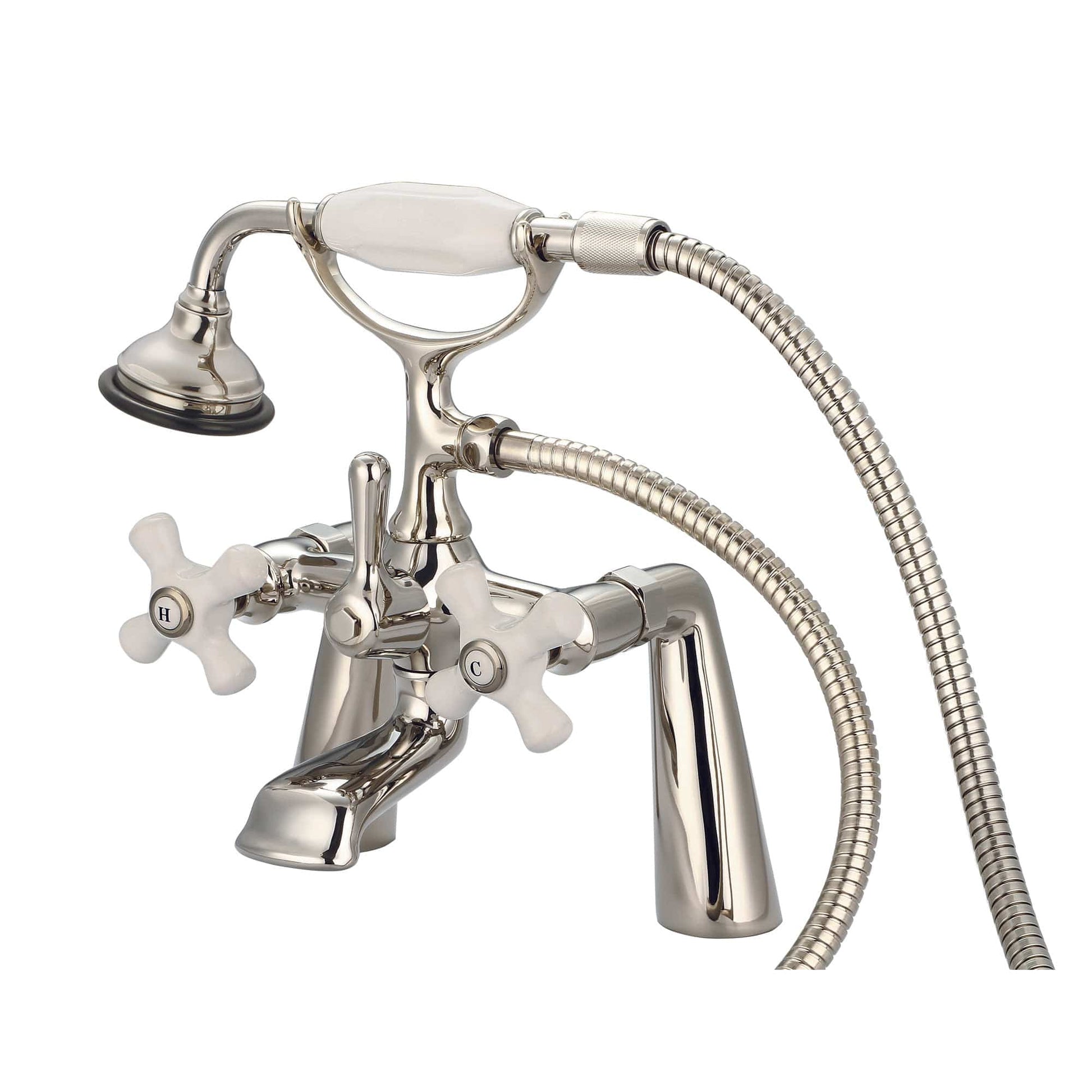 Water Creation F6-0003-05-PX Vintage Classic 7" Spread Deck Mount Tub Faucet With Handheld Shower in Polished Nickel Finish, With Porcelain Cross Handles, Hot And Cold Labels Included