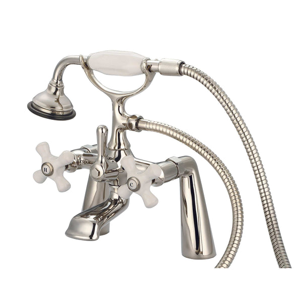 Water Creation F6-0003-05-PX Vintage Classic 7 Spread Deck Mount Tub Faucet With Handheld Shower in Polished Nickel Finish, With Porcelain Cross Handles, Hot And Cold Labels Included