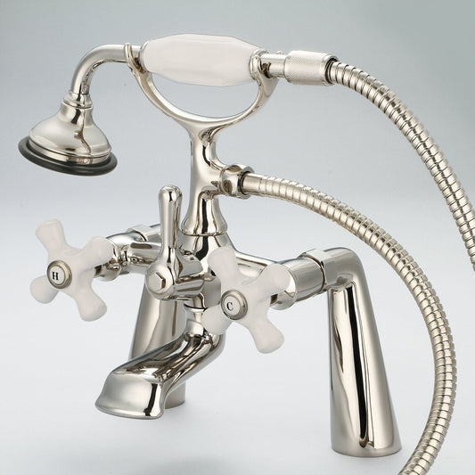 Water Creation F6-0003-05-PX Vintage Classic 7" Spread Deck Mount Tub Faucet With Handheld Shower in Polished Nickel Finish, With Porcelain Cross Handles, Hot And Cold Labels Included