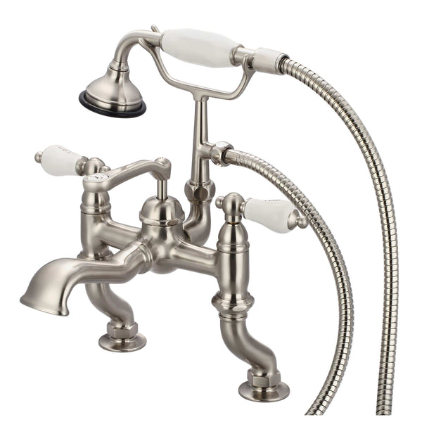 Water Creation F6-0004-02-CL Vintage Classic Adjustable Center Deck Mount Tub Faucet With Handheld Shower in Brushed Nickel Finish, With Porcelain Lever Handles, Hot And Cold Labels Included (A)