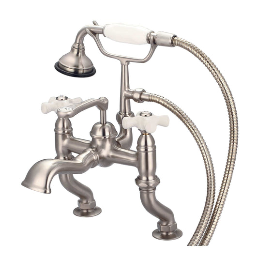 Water Creation F6-0004-02-PX Vintage Classic Adjustable Center Deck Mount Tub Faucet With Handheld Shower in Brushed Nickel Finish, With Porcelain Cross Handles, Hot And Cold Labels Included (A)