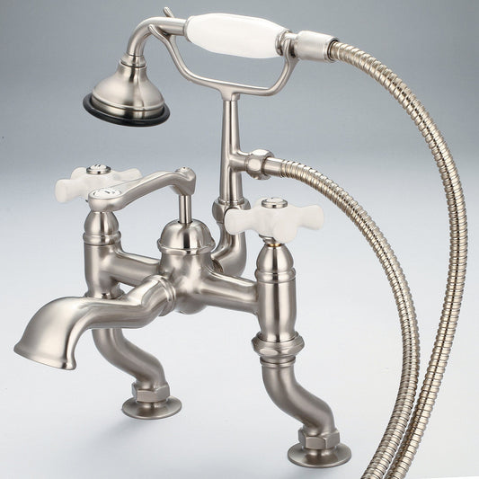 Water Creation F6-0004-02-PX Vintage Classic Adjustable Center Deck Mount Tub Faucet With Handheld Shower in Brushed Nickel Finish, With Porcelain Cross Handles, Hot And Cold Labels Included (A)