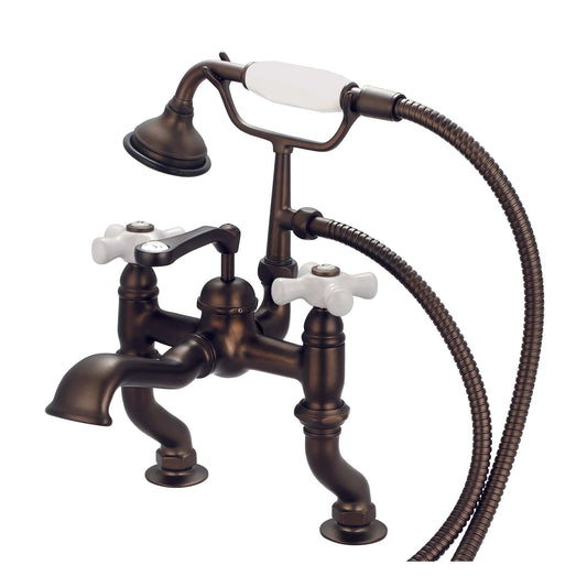 Water Creation F6-0004-03-PX Vintage Classic Adjustable Center Deck Mount Tub Faucet With Handheld Shower in Oil Rubbed Bronze Finish, With Porcelain Cross Handles, Hot And Cold Labels Included (A)