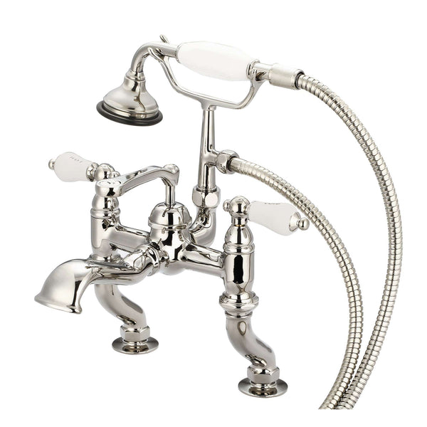 Water Creation F6-0004-05-CL Vintage Classic Adjustable Center Deck Mount Tub Faucet With Handheld Shower in Polished Nickel Finish, With Porcelain Lever Handles, Hot And Cold Labels Included (A)