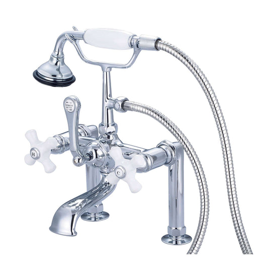 Water Creation F6-0006-01-PX Vintage Classic 7" Spread Deck Mount Tub Faucet With 6" Risers & Handheld Shower in Chrome Finish, With Porcelain Cross Handles, Hot And Cold Labels Included