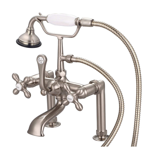 Water Creation F6-0006-02-AX Vintage Classic 7" Spread Deck Mount Tub Faucet With 6" Risers & Handheld Shower in Brushed Nickel Finish, With Metal Lever Handles, Hot And Cold Labels Included