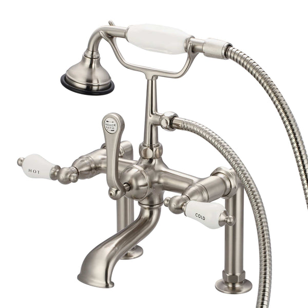 Water Creation F6-0006-02-CL Vintage Classic 7 Spread Deck Mount Tub Faucet With 6 Risers & Handheld Shower in Brushed Nickel Finish, With Porcelain Lever Handles, Hot And Cold Labels Included