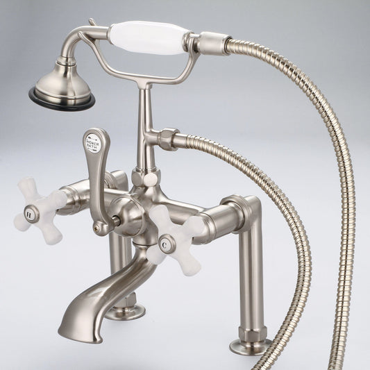 Water Creation F6-0006-02-PX Vintage Classic 7" Spread Deck Mount Tub Faucet With 6" Risers & Handheld Shower in Brushed Nickel Finish, With Porcelain Cross Handles, Hot And Cold Labels Included