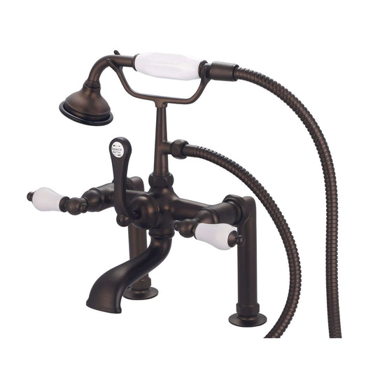 Water Creation F6-0006-03-PL Vintage Classic 7" Spread Deck Mount Tub Faucet With 6" Risers & Handheld Shower in Oil Rubbed Bronze Finish, With Porcelain Lever Handles Without labels