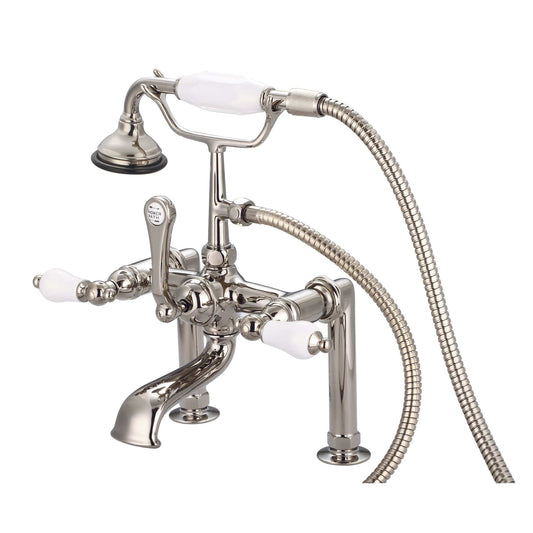 Water Creation F6-0006-05-PL Vintage Classic 7" Spread Deck Mount Tub Faucet With 6" Risers & Handheld Shower in Polished Nickel Finish, With Porcelain Lever Handles Without labels