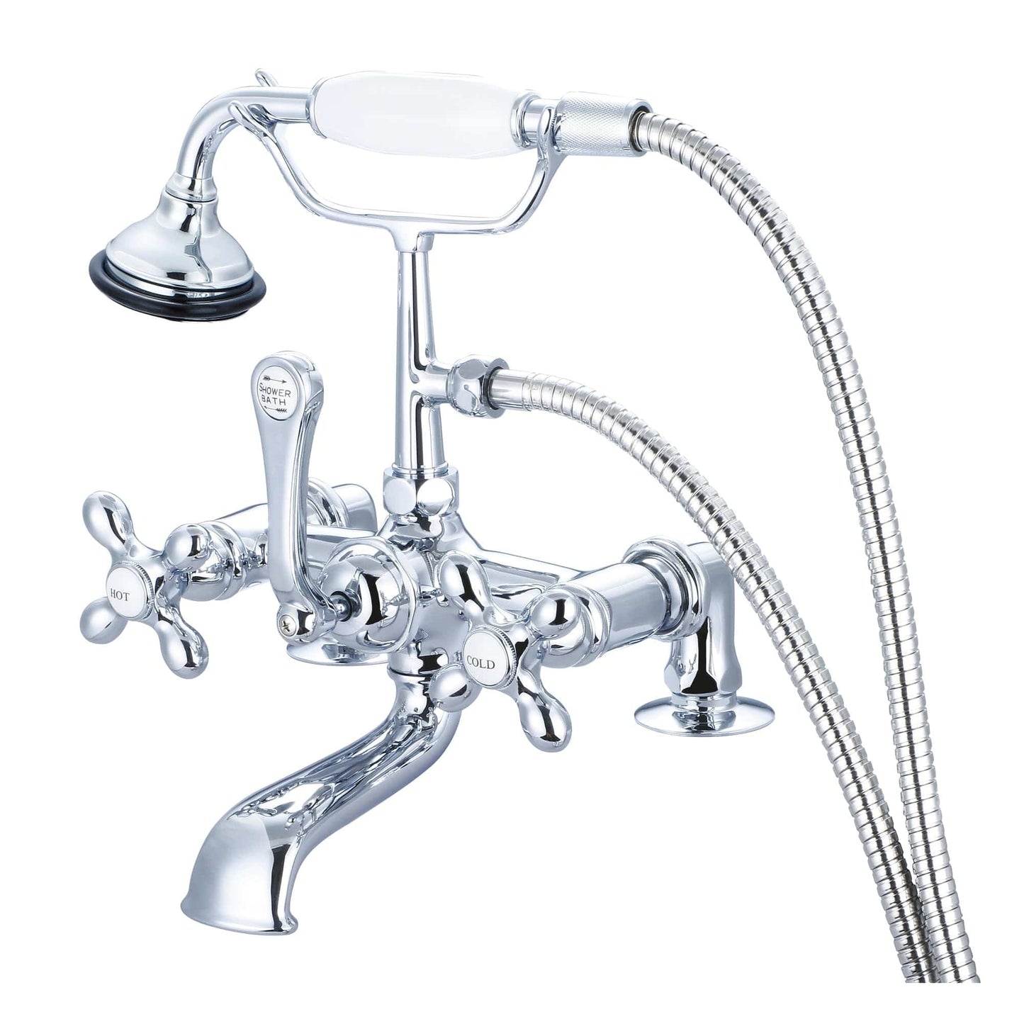 Water Creation F6-0007-01-AX Vintage Classic 7" Spread Deck Mount Tub Faucet With 2" Risers & Handheld Shower in Chrome Finish, With Metal Lever Handles, Hot And Cold Labels Included