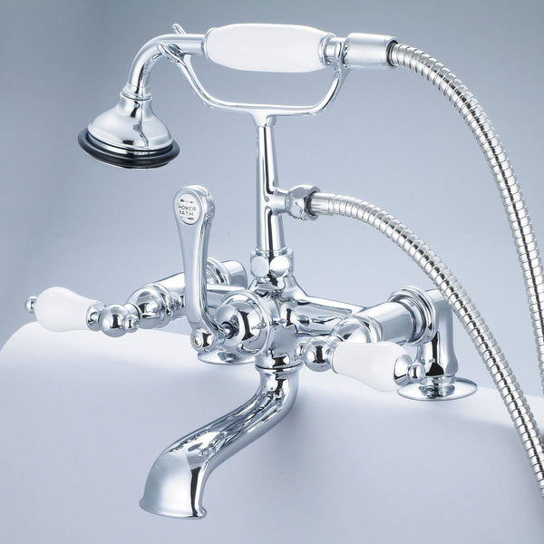 Water Creation F6-0007-01-PL Vintage Classic 7 Spread Deck Mount Tub Faucet With 2 Risers & Handheld Shower in Chrome Finish, With Porcelain Lever Handles Without labels