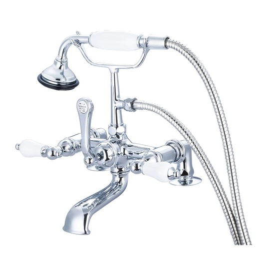 Water Creation F6-0007-01-PL Vintage Classic 7" Spread Deck Mount Tub Faucet With 2" Risers & Handheld Shower in Chrome Finish, With Porcelain Lever Handles Without labels