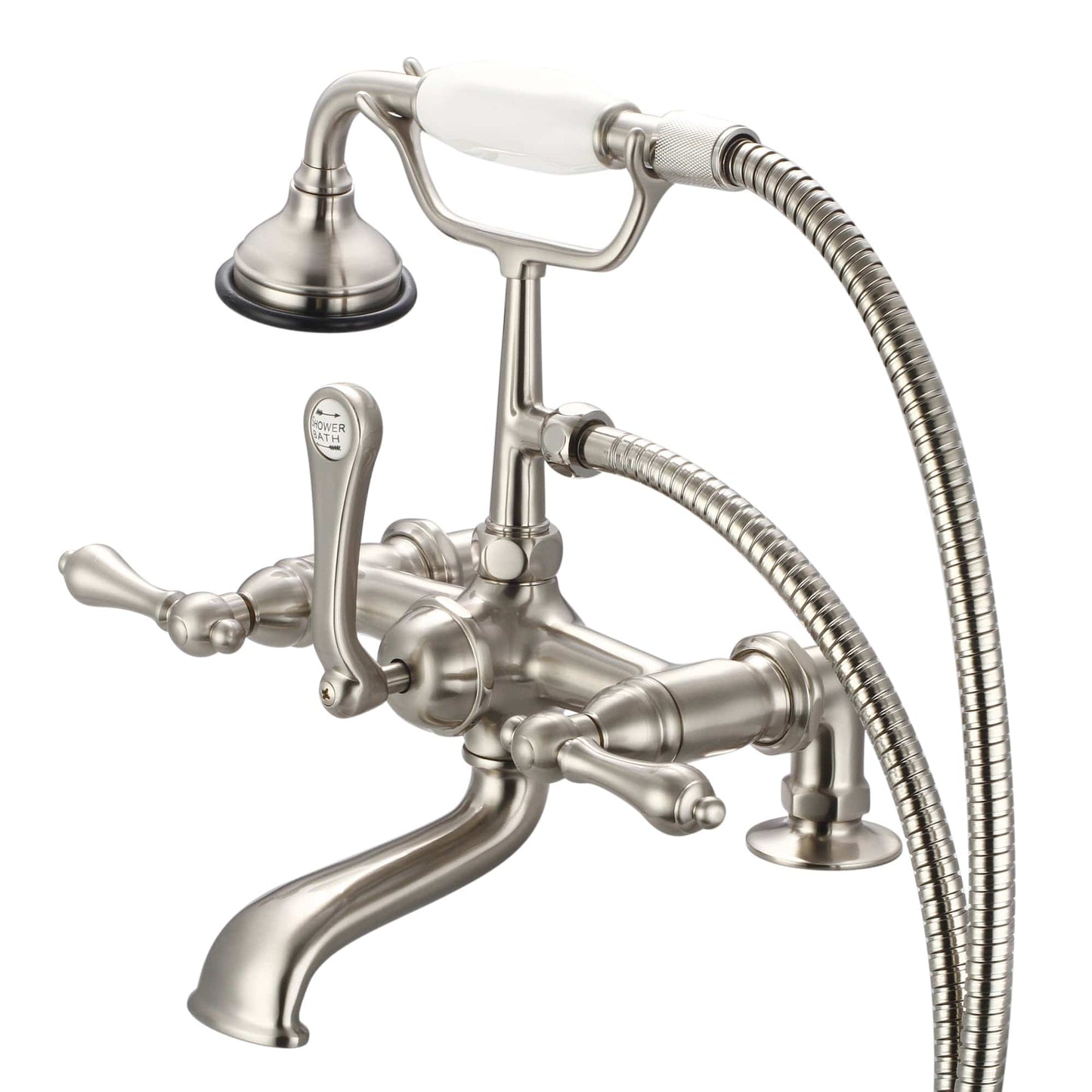 Water Creation F6-0007-02-AL Vintage Classic 7" Spread Deck Mount Tub Faucet With 2" Risers & Handheld Shower in Brushed Nickel Finish, With Metal Lever Handles Without Labels